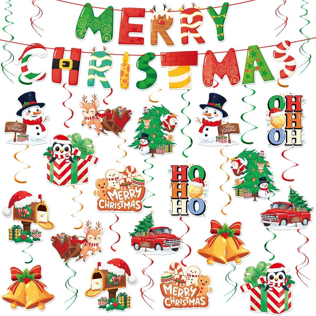Christmas Decor Set: Banner & Hanging Swirls - for Home, Office, Classroom Indoor Christmas Party Decorations