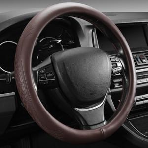 2025 Model High-Grade Real Cowhide Steering Wheel Cover for Men WomenBrown Genuine Leather Steering Wheel Cover for Cars,Universal 14.5-15 inch Steering Wheels,Grid & Square Motif