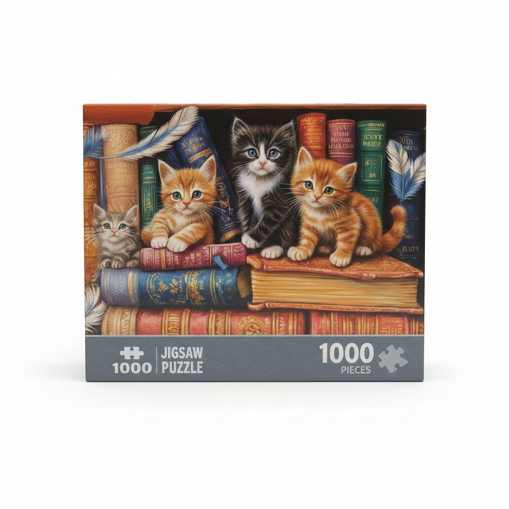 1000 Piece Jigsaw Puzzle Kittens in The Library