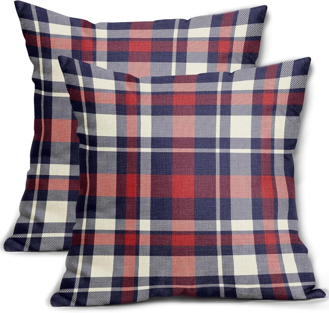 4th of July Plaid Pillow Covers 20x20 Inch Patriotic Decorations Blue Red Buffalo Plaid Decorative Throw Pillow Cases Set of 2 Memorial Day Independence Holiday Cushion Cases Sofa Couch Bed Decor