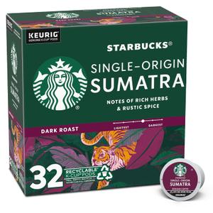 Starbucks K-Cup Coffee Pods, Dark Roast Coffee, Sumatra, 100% Arabica, 1 box (32 pods), Best By: 02/20/27