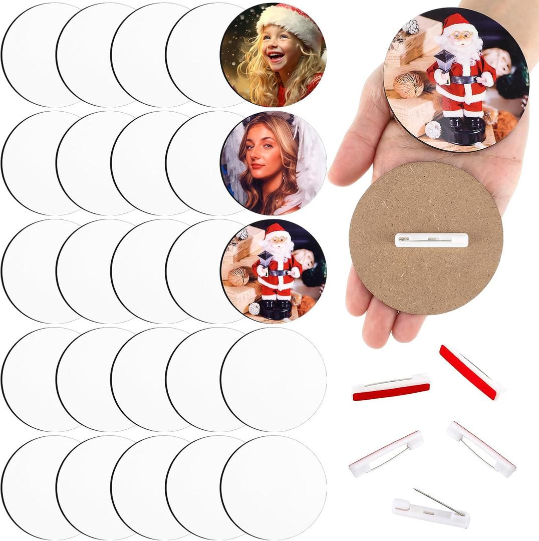 Knitgrip 25 Pcs Sublimation Buttons Blanks with Pins 3 Inch MDF Buttons Pins Heat Transfer Blank Badge Sublimation Name Tags for July Christmas DIY Craft Gifts