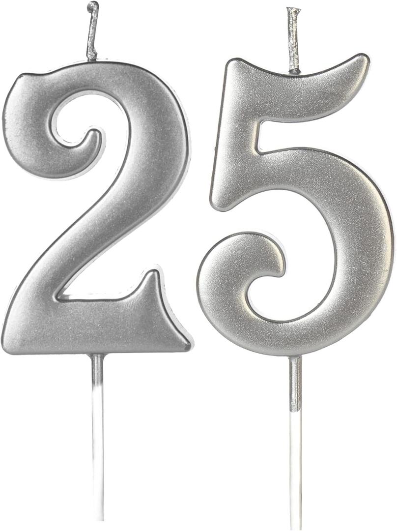 Silver 25th & 52nd Number Birthday Candles for Cake Topper, Number 52 25 Glitter Premium Candle Party Anniversary Celebration Decoration for Kids Women or Men
