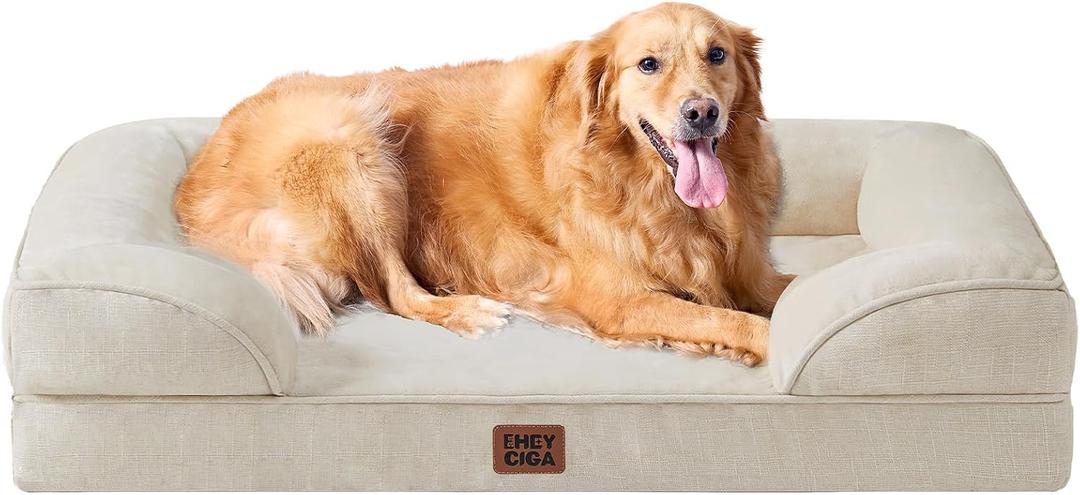 EHEYCIGA Orthopedic Dog Beds for Extra Large Dogs, Waterproof Memory Foam XL Pet Bed with Sides, Non-Slip Bottom and Egg-Crate Foam Big Dog Couch Bed with Washable Removable Cover, Beige, 44.0"l X 32.0"w X 6.5"th