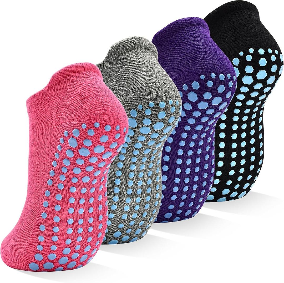 SkiBeaut Grips Non Slip Socks for Women, 4 Pairs Yoga Pilates Anti Skid Woman Hospital Gripper Socks (5-12) (#1 Black + Gray + Pink + Purple)