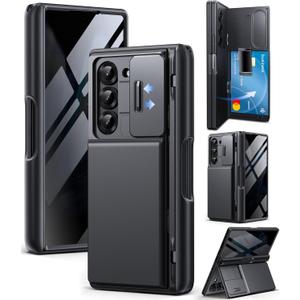 TONGATE Wallet for Z Fold 6 Case with Privacy Screen Protector, [4-Card Holder][Anti Spy] Built-in Large Stand & Slide Camera Cover Z6 Shockproof Phone Case for Samsung Galaxy Z Fold 6 2024, Black