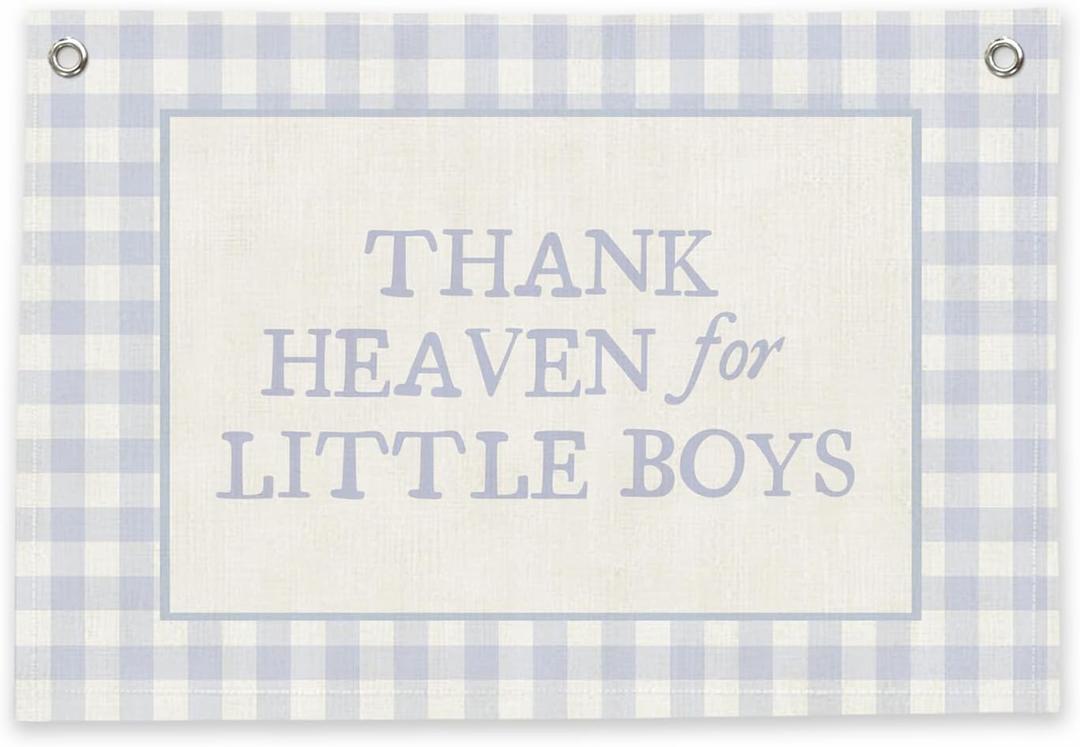 RTXLEZM Baby Boy Nursery Decor, Boys Room Decor,Nursery Thank Heaven for Little Boys Large Canvas Banner Flag Print,Blue Gingham Wall Art Hanging for Toddler Playroom Bedroom Kids room36x24