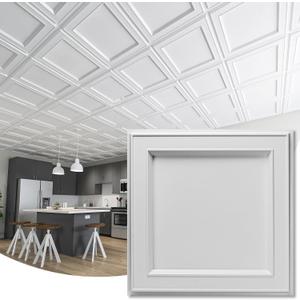 WOWSTAR 12-Pack 24"x24" Drop Ceiling Tiles, Waterproof Glue up Ceiling Panels, Modern Style 3D Wall Panels, White (2x2ft)