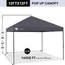 12x12 Pop up Canopy Tent Patented EZ Set up Instant Outdoor Canopy with Wheeled Carry Bag Bonus 4 Weight Sandbags, 8 Stakes and 4 Ropes Grey, 12x12 without Sidewall