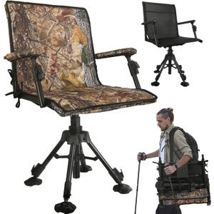Hunting Chair with Removable Camouflage Cover, 360 Degree Silent Swivel Hunting Seat with Adjustable 4 Legs Height and Armrests, Tool-Free Foldable Ground Blind Chair, Portable Seat