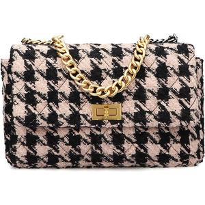 BERTY·PUYI PU Leather Houndstooth Ladies Shoulder Bag Autumn And Winter Fashion Woolen Cloth Crossbody Bag Chain crossbody handbag, Brown and black