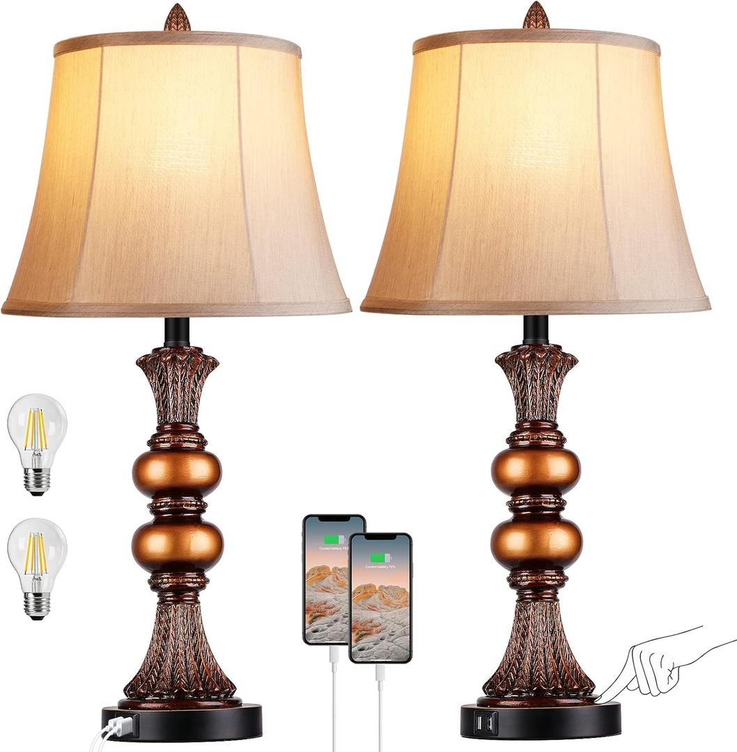 Set of 2 Touch Control Traditional Table Lamp, 27"H Bedside Lamps with 2 USB Charging Ports, 3-Way Dimmable Bronze Finish Large Nightstand Lamps with Bell Faux Silk Shade for Living Room, Bedroom (Bronze Large(Warm White Bulbs))