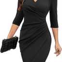 IHOT Formal Party Dress for Women Fall Sexy V Neck Puff 3/4 Sleeve Wrap Ruched Wedding Guest Dress Bodycon Midi Work Office Date Night Cocktail Evening Dresses for Special Occasions Black Large