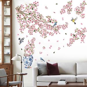 Cherry Blossom Wall Decals for Bedroom: Peel and Stick X-Large Pink Flower Bird Tree Branch Wall Stickers - Living Room Bathroom for All Adult