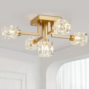 XINGQI Sputnik Chandelier Gold Modern Semi Flush Mount Ceiling Light Glass 5 Lights Farmhouse Lighting Fixtures for Dining Room Living Room Kitchen Bedroom