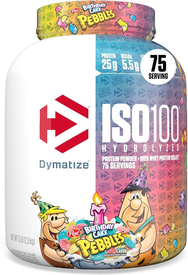 Dymatize ISO100 Whey Protein Powder Isolate, Birthday Cake, 25g of Protein, 5 Pound, 5.5g BCAAs, Less Than 120 Cal., Gluten Free, 1g Fat, 1g Sugar, 2g Carb (75 Servings) (EXP 05/31/26)