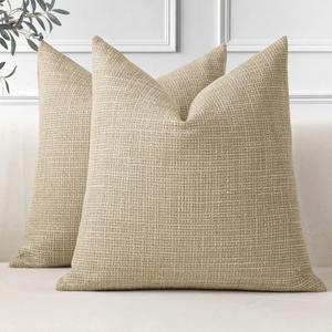 OTOSTAR Pack of 2 Throw Pillow Covers 18x18 Inch Linen Light Tan Pillowcases Farmhouse Decorative Solid Pillow Covers 45x45 cm Square Cushion Case for Home Decor Sofa Couch Bed (Light Tan)