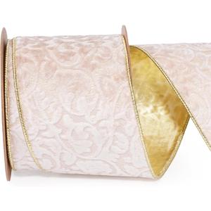 LaRibbons Ivory Velvet Ribbon Wired 4 Inch Embossed Pattern Christmas Ribbon for Christmas Bows, Tree Decorations, Wreaths, Gift Wrapping, Craft Supplies, 10 Yards