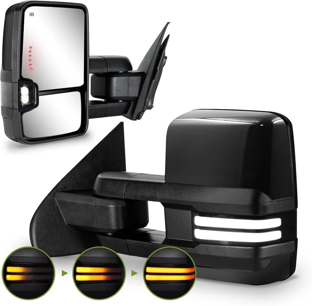 Towing Mirrors for 2014-2018 Chevy Silverado/GMC Sierra Switchback Dynamic Turn Signal/Running Lights Power Heated (Painted Black)