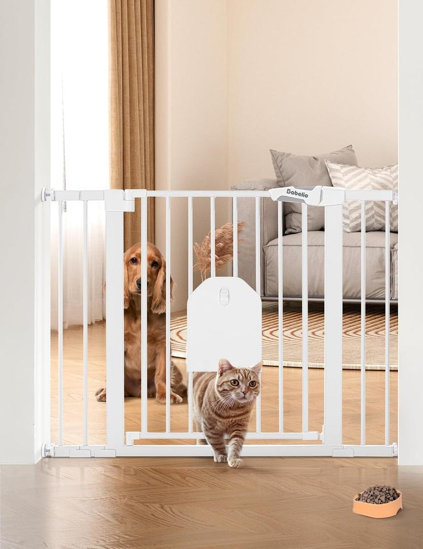 Babelio Auto Close Baby Gate with Cat Door,29-43" Metal Gate for Doorway,Stairs, House,Easy Walk Thru with Pet Door,Includes 4 Wall Cups and 3 Extension Pieces,White