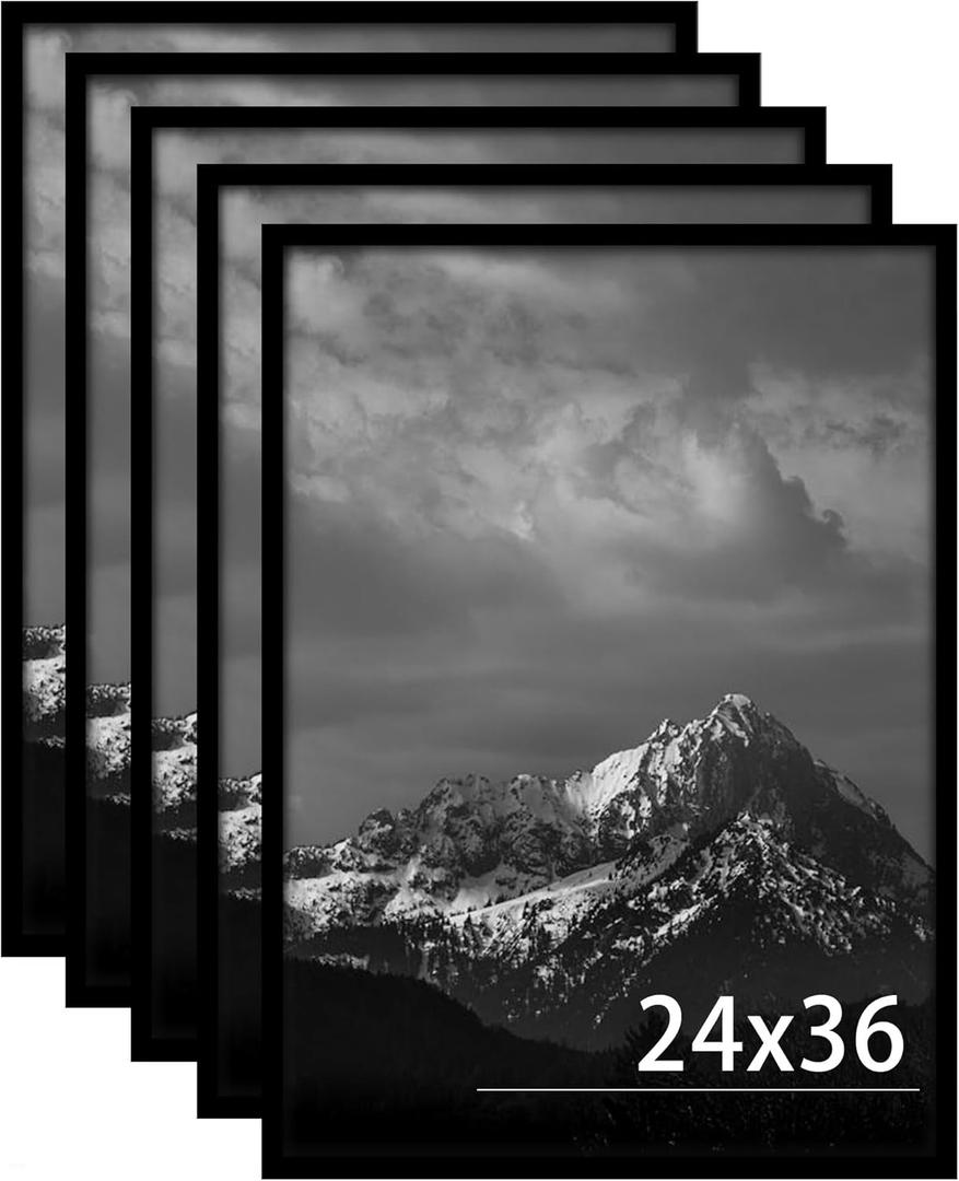 24x36 Poster Frame Black 5 Pack, Poster Frames 24 x 36 inches or 24x36 Picture Frames with HD Plexiglass Durable and Scratch-proof for Horizontal or Vertical Wall Mounting.