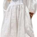 chouyatou Women's Summer Puff Sleeve Cotton Tunic Dress V-Neck Mini Vacation Babydoll Dress (White, XL)