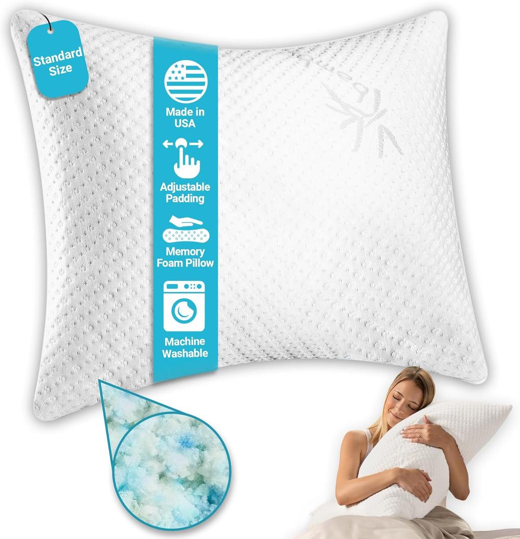 Xtreme Comforts Standard Bed Pillow for Sleeping | Adjustable Shredded Memory Foam Pillows with Removable Cooling Cover | Fluffy Pillows Support for Side, Back & Stomach Sleepers