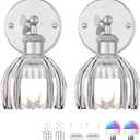 Vintage Battery Operated Wall Sconce, Smoky Gray Tulip Glass Lampshade Wireless Rechargeable Battery Powered LED Wall Light with Remote Dimmable for Bedside Bedroom Living Room, Silver, Set of 2