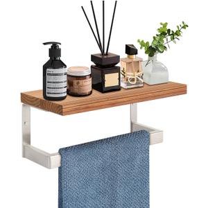 Hand Towel Holder/Towel Ring with Wooden Shelf, Hand Towel Rack, Hand Towel Hanger for Bathroom, Bath Accessories Wall Mounted (9"-Squ Shaped, Brushed Nickel)
