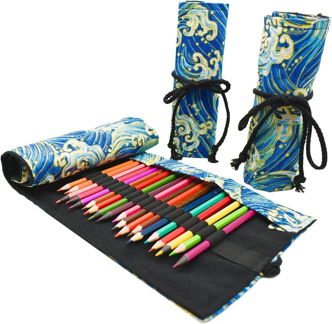 Maydahui 24/48/72 Slots Colored Pencil Wraps Canvas Pencils Roll Holder Pencil Pouch Aesthetic Case Organizer Bag for Art Lovers Artist Drawing(Blue Ocean,72 Slots)