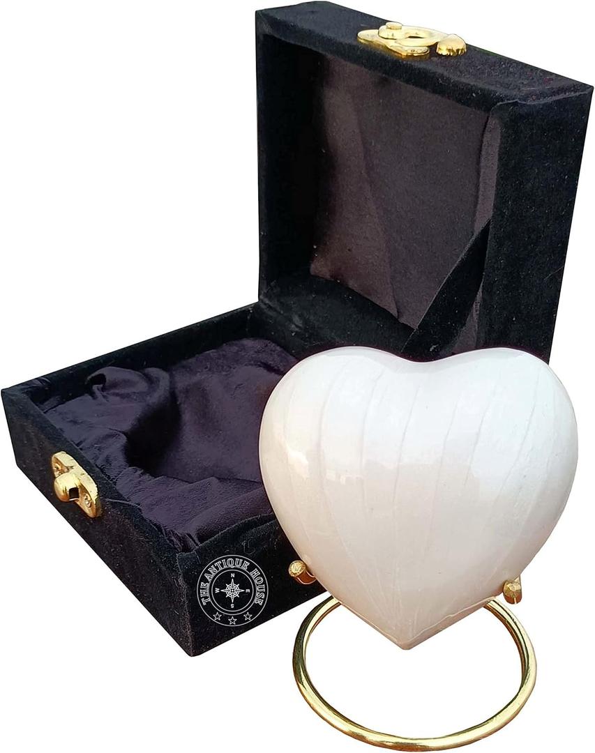 White Cremation Urn for Ashes Keepsake Heart Urn with Black Box and Brass Stand Mini urn for Your Loved one Adult & Funeral Burial for Adults and Infants
