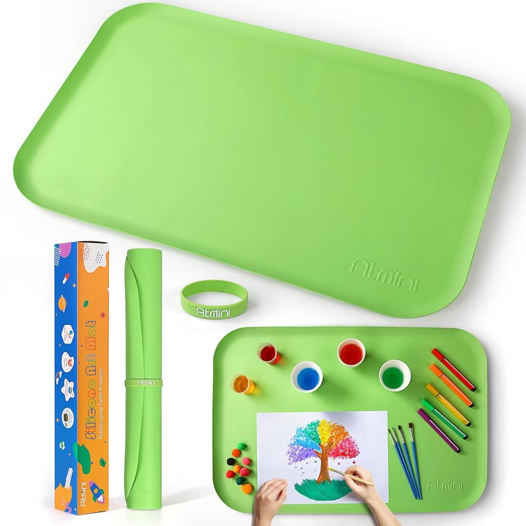 Silicone Craft Mats for Kids 24"x16" with Raised Lip & Non-Slip | Reusable Silicone Art Mat for Play Sand, Painting, DIY Crafts | Durable Design (Green)