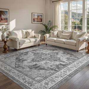 WITSHOCK Gray Living Room Rugs 12x15: Washable Vintage Boho Distressed Soft Non-Slip Low Pile Stain Resistant Foldable Carpet for Bedroom Playroom Dining Room Office, Thin Accent Farmhouse Home Decor (Grey)