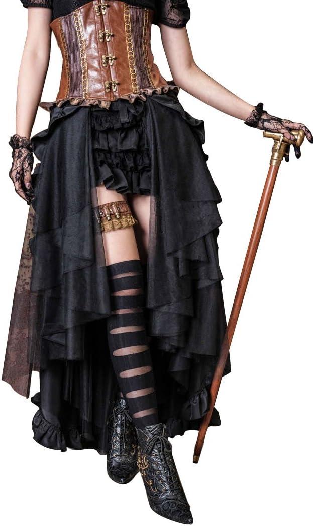 HaoLin Steampunk Retro Victorian Punk Cincher Lace up Long Ruffle Pencil Skirt Black (Black)