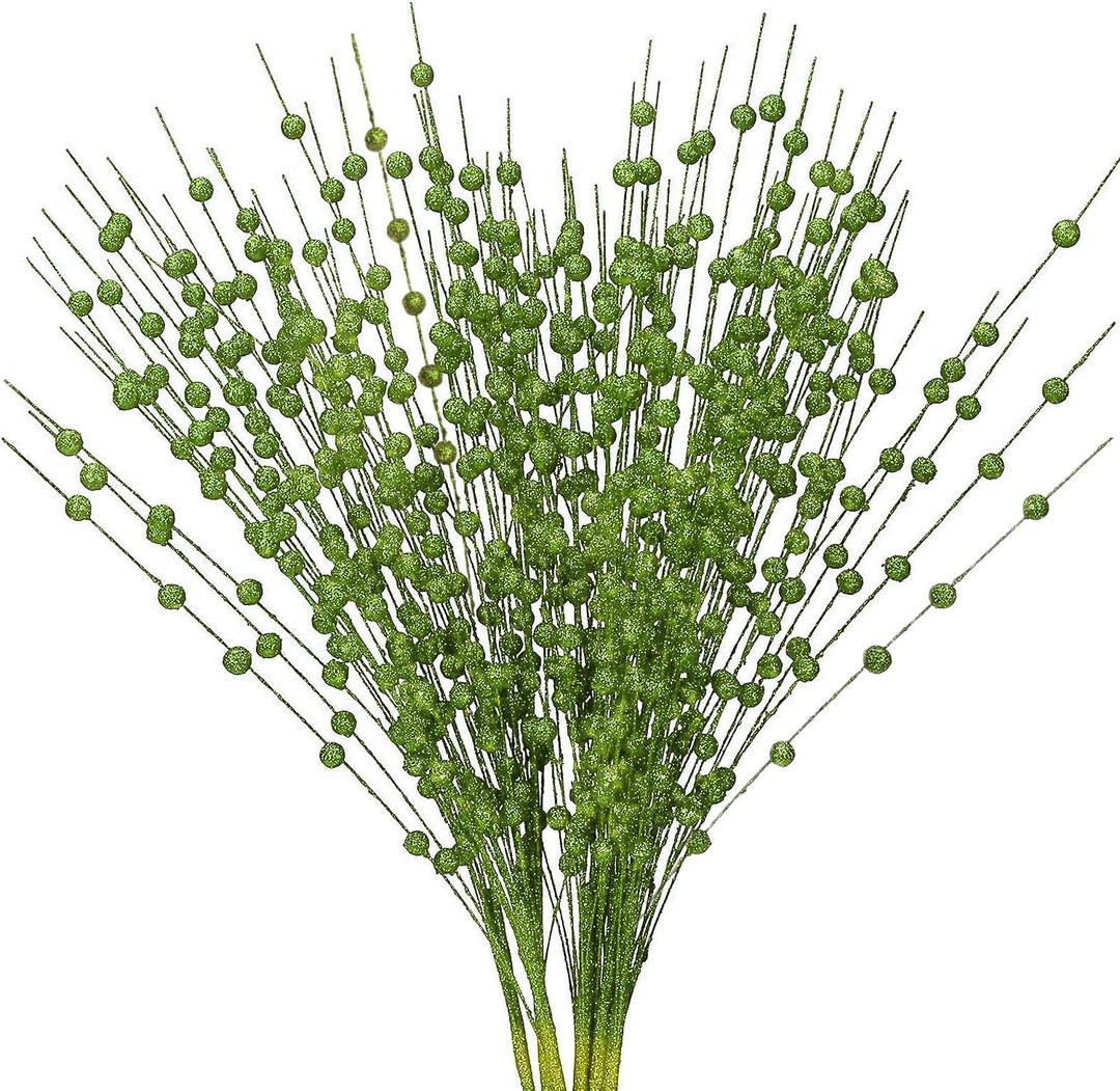 Artificial Glitter Berry Stem Ornaments, Bright Berries Decorative Bead Sticks, Glittery Twigs, Picks Branches for Home Christmas Tree, Small Vase, Holiday Wedding Party Decor - 17 Inch Green, 10 Pack