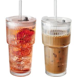 20oz Ribbed Glass Tumblers with Lids & Straws, Ideal for Iced Coffee, Cocktails & More - Includes Cleaning Brush (2pack)