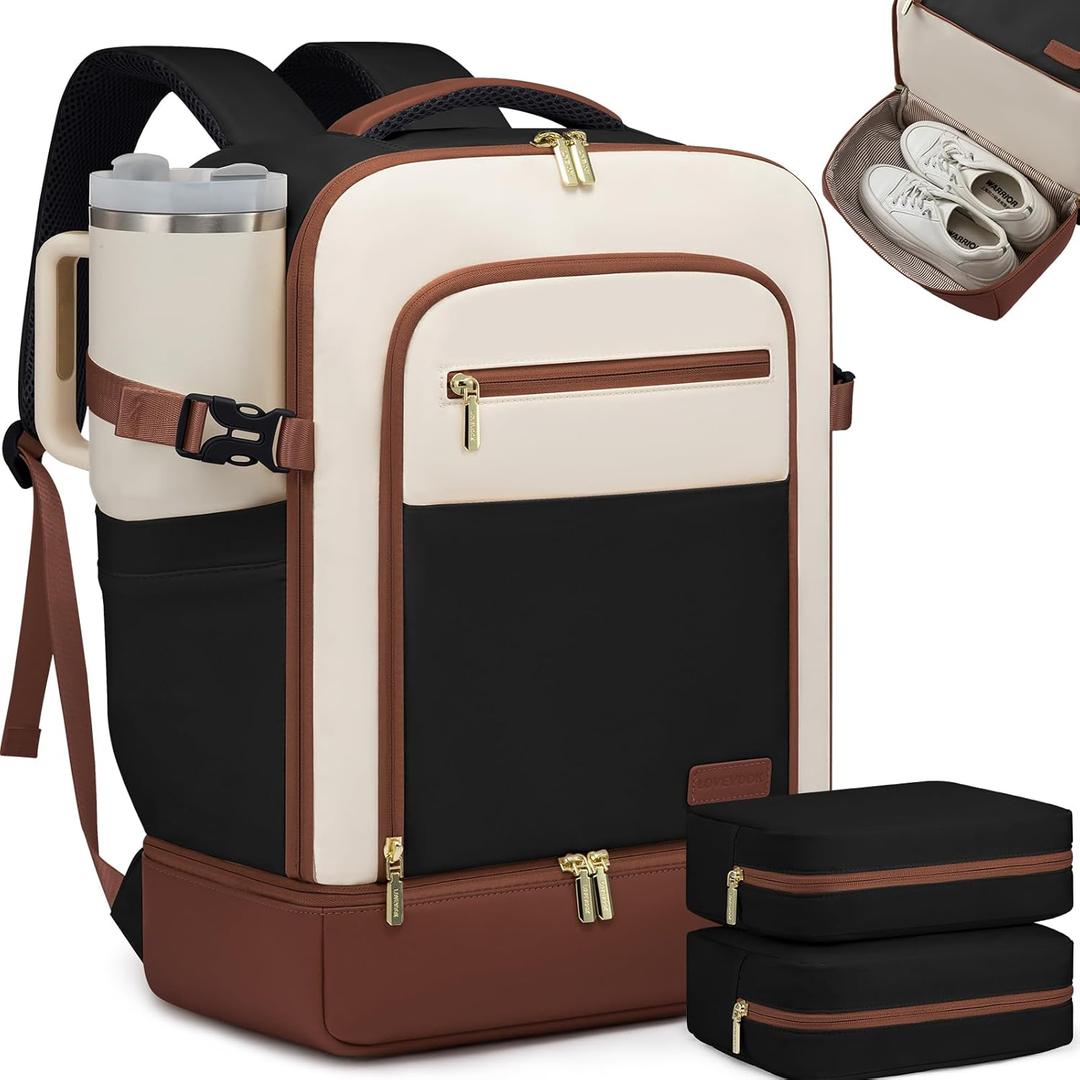 LOVEVOOK Travel Backpack for Women with Shoes Compartment,40L Personal Item Travel Bag Flight Approved Carry On Backpack with 2 Packing Cubes,Large Casual Weekender Luggage Daypack (Beige&black&brown-a)