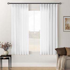 Snow White Pinch Pleated Linen Curtains 2 Panels 63 Inch Length for Dining Living Room Memory Training Shaped Semi Sheer Short Pleat Drapes with Hooks Rings Small Bedroom Window Curtain 40x63
