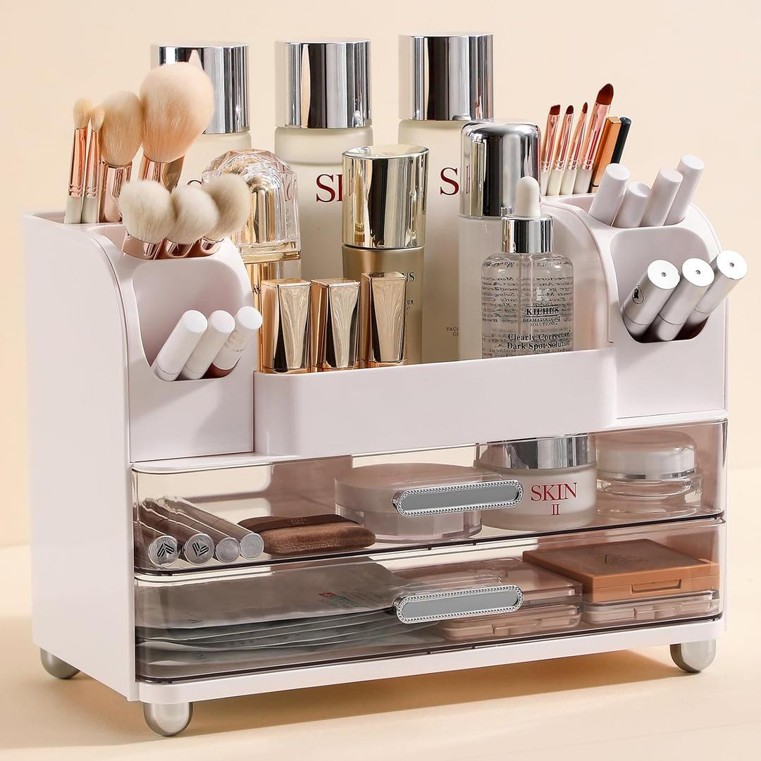 Anyoifax Makeup Organizer Countertop with Large Drawers, Vanity Organizer with Brush Holder, Skin Care Storage for Dresser, Perfume Organizer for Lotion, Lipsitck, Palette, White