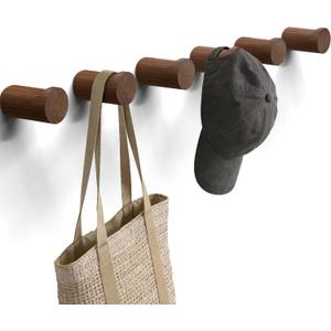 READAEER Walnut Wood Wall Hook 6 Pack, Natural Wooden Coat Hooks Wall Mounted, Hat Hooks Heavy Duty Entryway Wall Hangers for Hanging Towels, Clothes and Bags