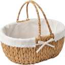 Medium Picnic Basket with Handles, Handwoven Water Hyacinth with Removable and Washable Lining, Oval Basket for Easter,Camping, Outdoor, Gift, Home Decor. White