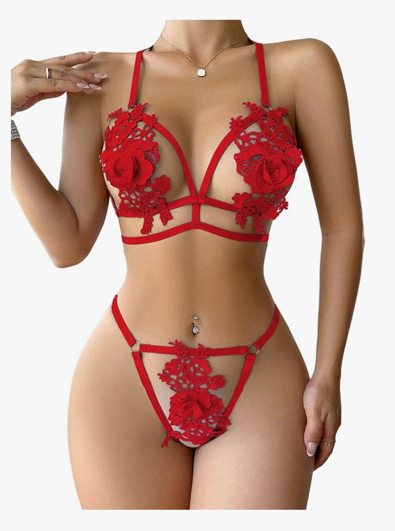 Avidlove Lingerie Sets for Women Sexy 2 Piece Bra Panty Set Appliques Cut Out Outfits for Women , Red, XL