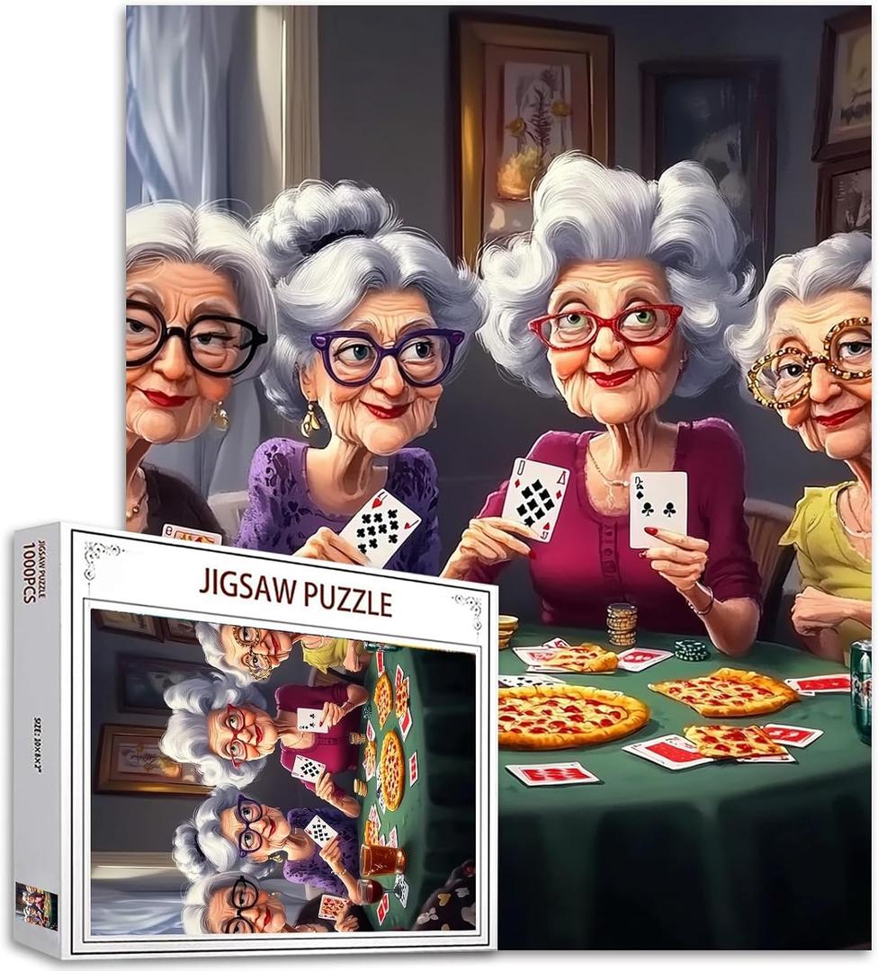 Old Woman Jigsaw Puzzles 1000 Pieces for Adults, Families(Girl, Lady, Pizza, Playing Cards, Friends) Pieces Fit Together Perfectly 19.7''x27.6''inch Romantic Friendship Frameable Magic Puzzle Art