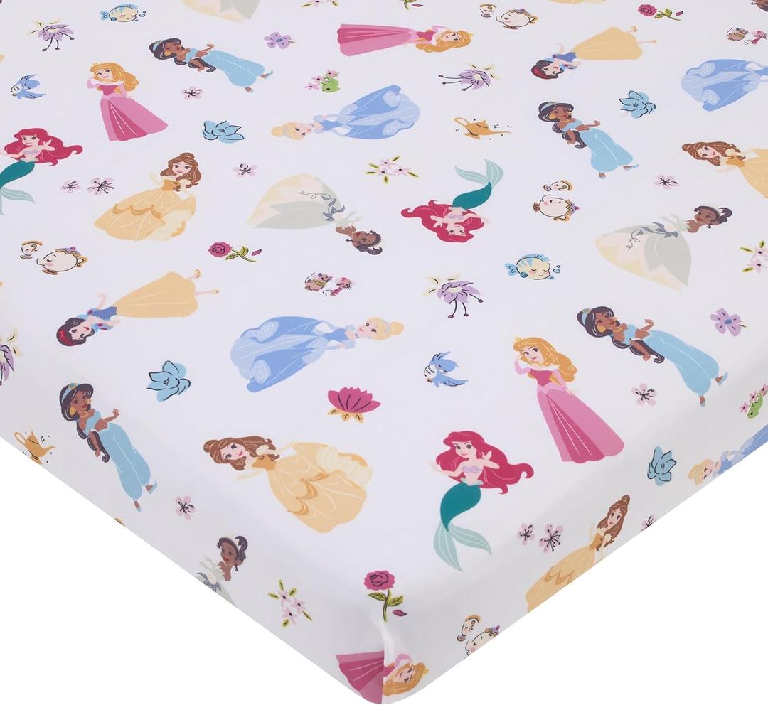 Disney Princess Pink, Blue, Yellow, and White Super Soft Nursery Fitted Mini Crib Sheet