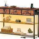 Furologee Console Table with Charging Station & 3 Fabric Drawers, 38'' Entryway Table with Storage Shelves and LED Light for Entry Way, Industrial Display Shelf for Hallway, Foyer, Rustic Brown | 3 Fabric Drawers, Storage Shelves, LED Light, Entry Way, Hallway
