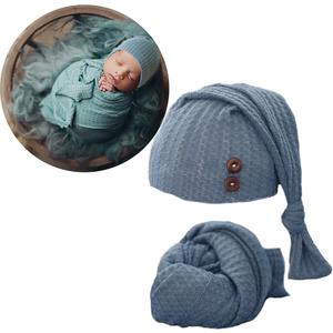 Newborn Photography Wrap Boy Girl Baby Photo Wraps Outfits Stretch Crochet Blanket Props (Blue)