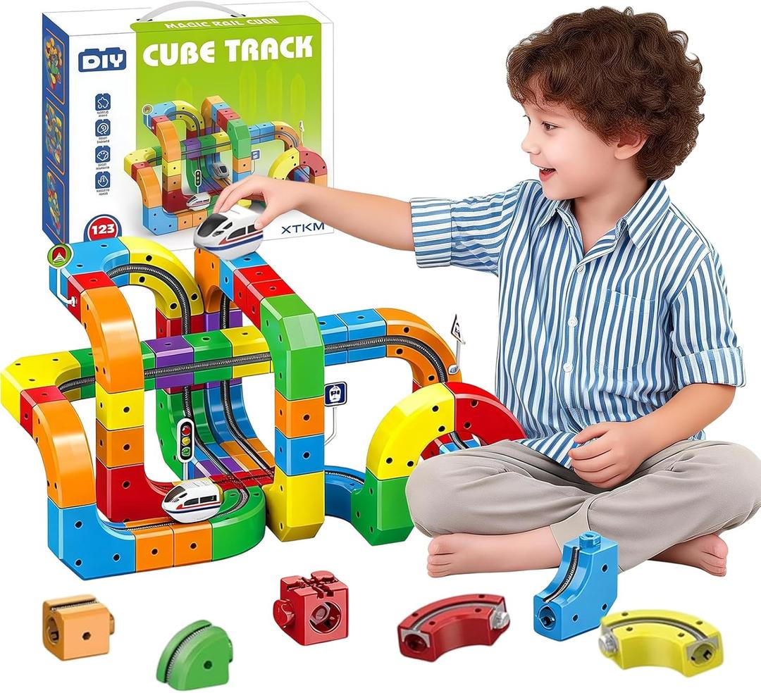 123PCS Magnetic Cube Track Train Set for Toddlers  3D Vertical STEM Building Block Rail  Electric Magnetic Train Set Toy for Boys & Girls Ages 3-8