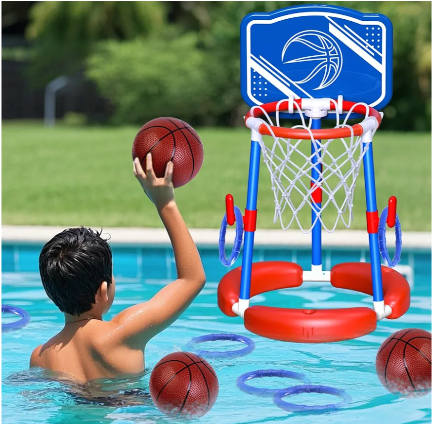 HYES Pool Basketball Hoop Poolside with Backboard, Floating Pool Toys with 4 Basketballs/4 Water Balloons/Pump, Swimming Pool Games for Kids & Adults Indoor Outdoor Play, Red