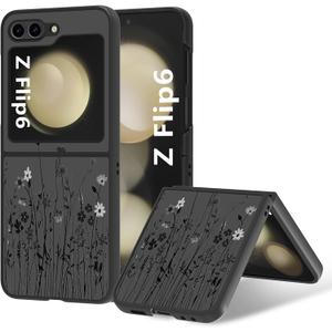 OOK Designs for Samsung Galaxy Z Flip 6 Case Black Wild Flower Design Hard PC+Soft TPU Bumper Anti-Slip Ultra Thin Cover Protective Shockproof for Galaxy Z Flip 6 (Black Wild Flower)