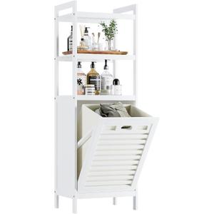 HITNET Bamboo Tilt Out Hamper, 10 Gal Bathroom Laundry Cabinet with Hidden Foldable Basket, Freestanding Clothes Storage Organizer with Storage Shelf, White